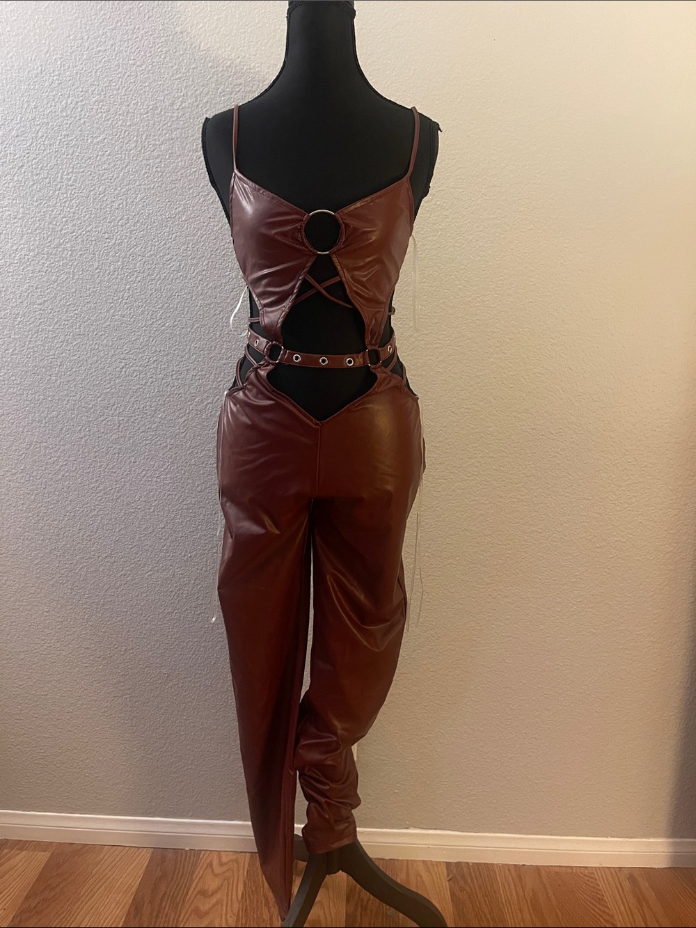 Fashion Nova Wine Faux Leather Cutout Jumpsuit with Ring & Grommet Belt